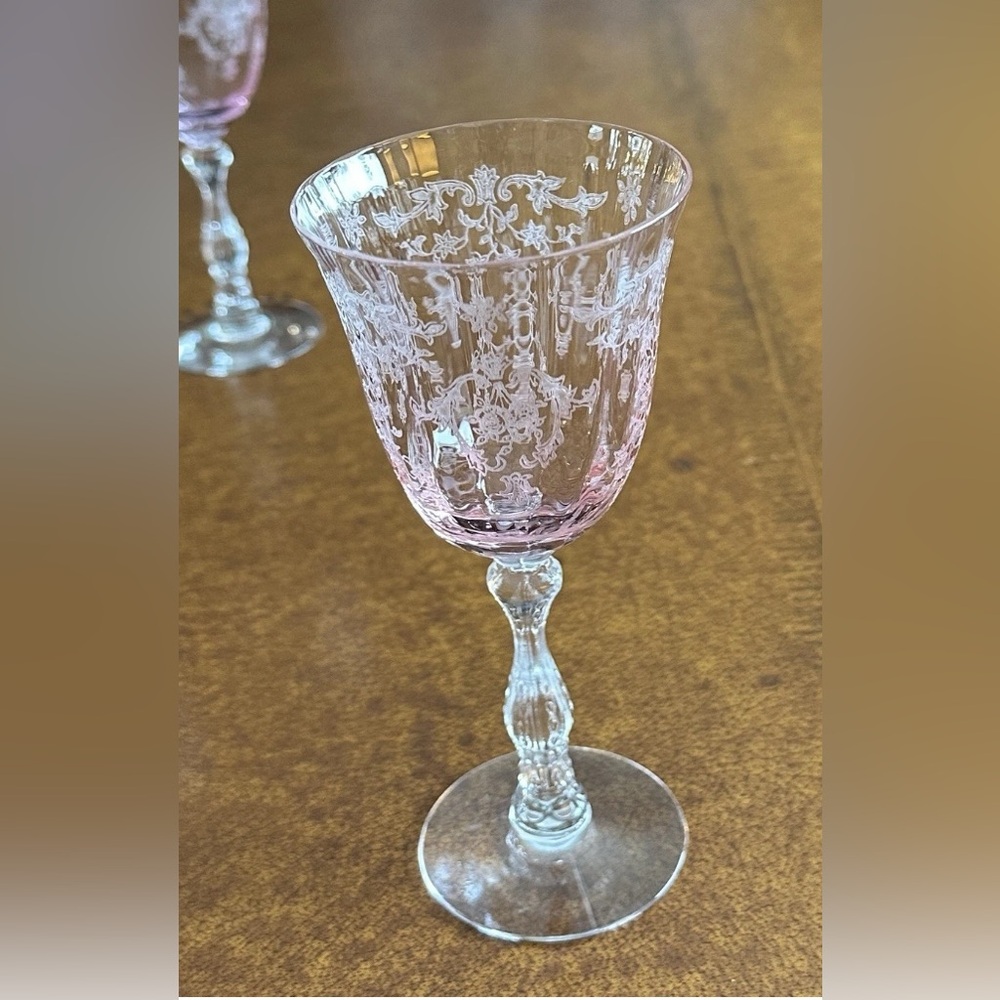 Pink Etched Crystal Wine Goblet - Elegant Stemware - Picture 4 of 4